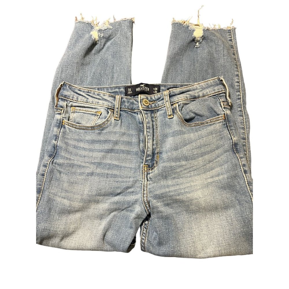 Hollister High Rise Slim Straight Blue Jeans Distressed Raw Hem Size 3S